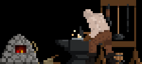 Pixel art of a smith working a forge.